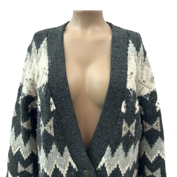 J. Jill Beaded Nordic Fair Isle Cardigan Sweater Wool Blend Womens M Petite Gray - Picture 11 of 11